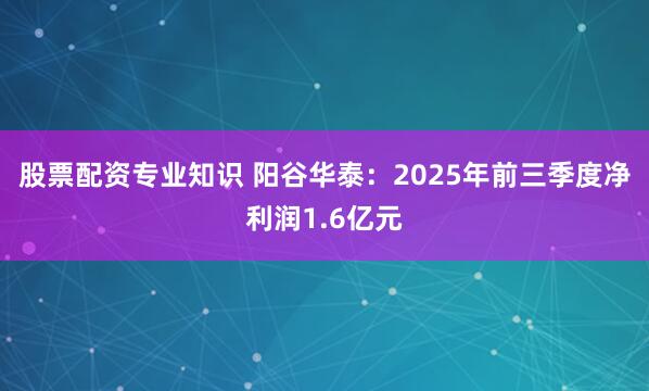 股票配资专业知识 阳谷华泰：2025年前三季度净利润1.6亿元
